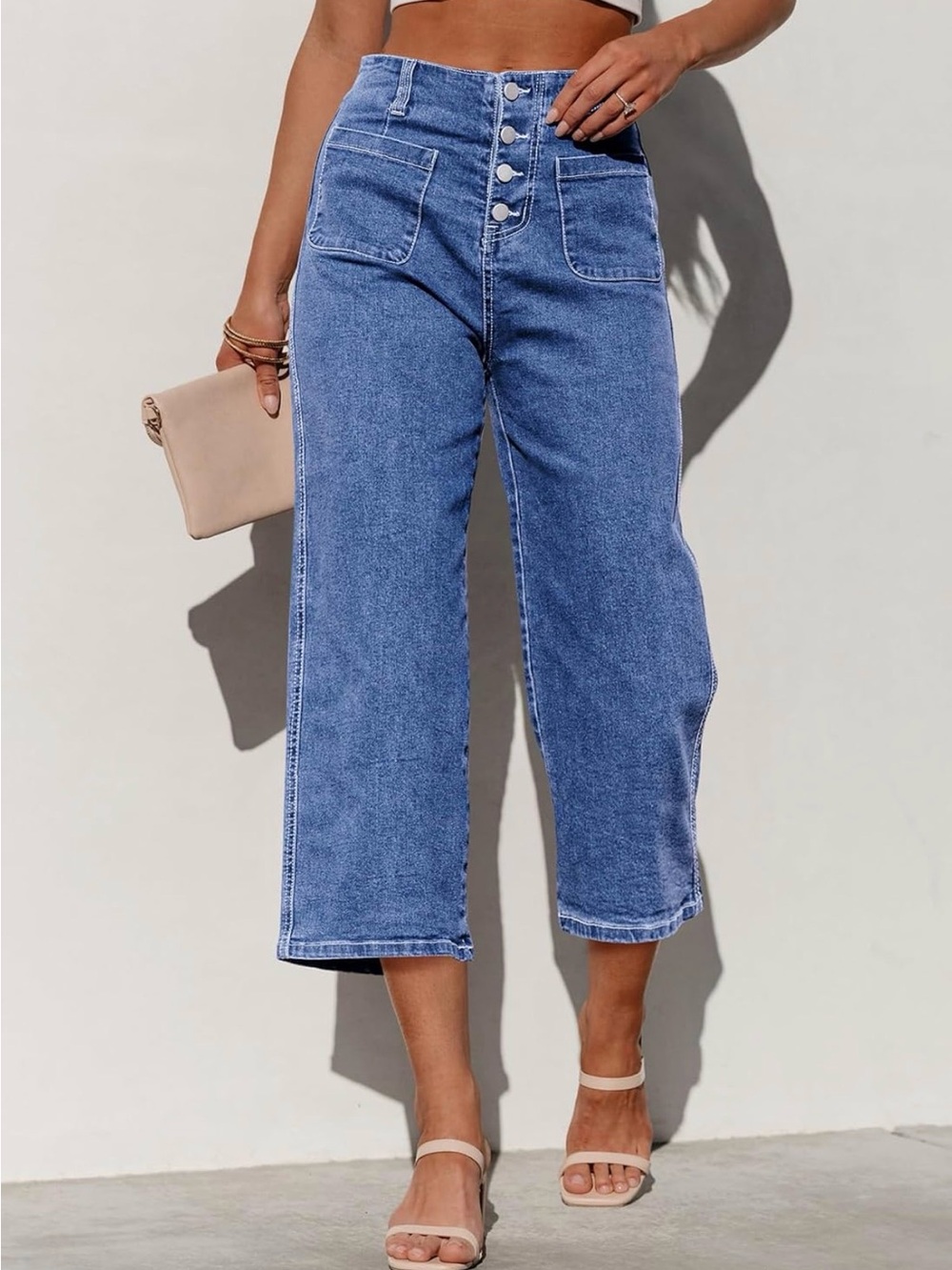 High-Rise Wide-Leg Cropped Jeans in Blue Denim